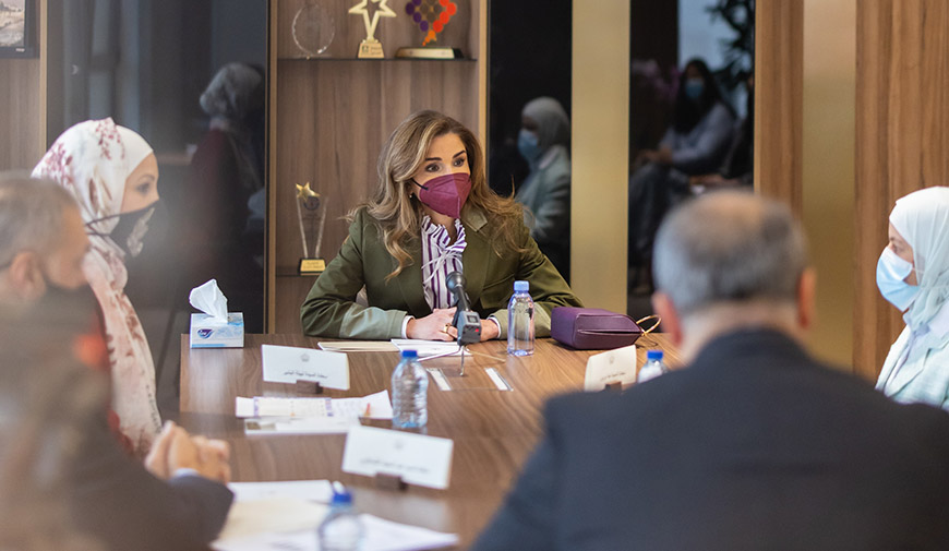 Her Majesty Queen Rania meets with members of the management team during a visit to the Queen Rania Teacher Academy in the King Hussein Business Park on Tuesday (Photo courtesy of Royal Court)